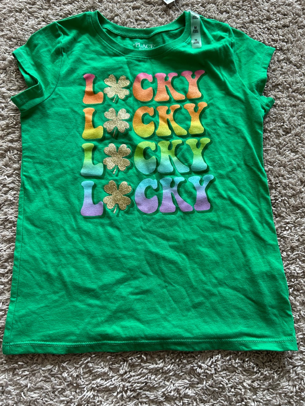 Place Green Short Sleeve Tee with Rainbow Letters and Gold Shamrocks
